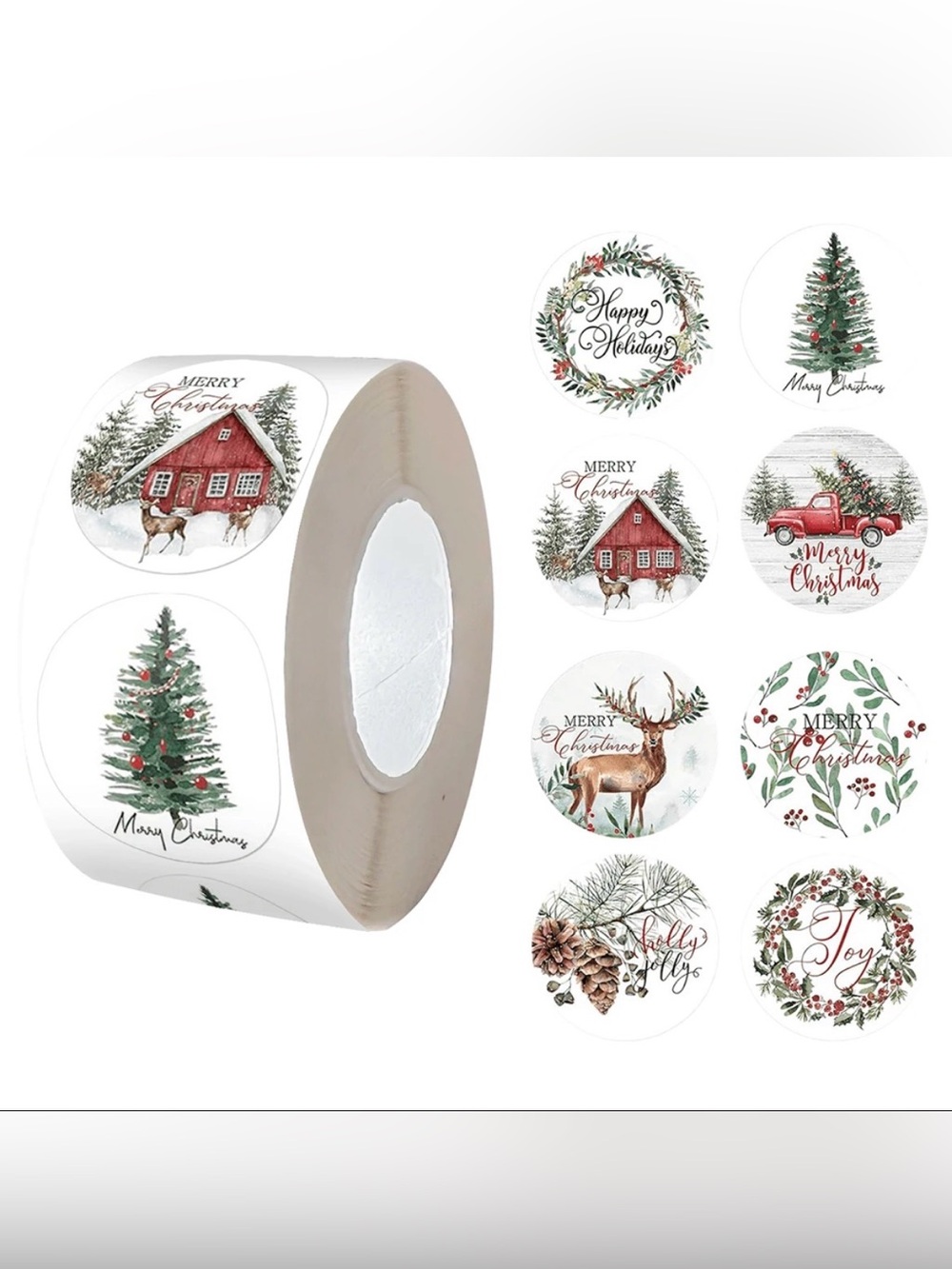Holiday Christmas Sticker 500 Roll - Festive Red & Green Designs